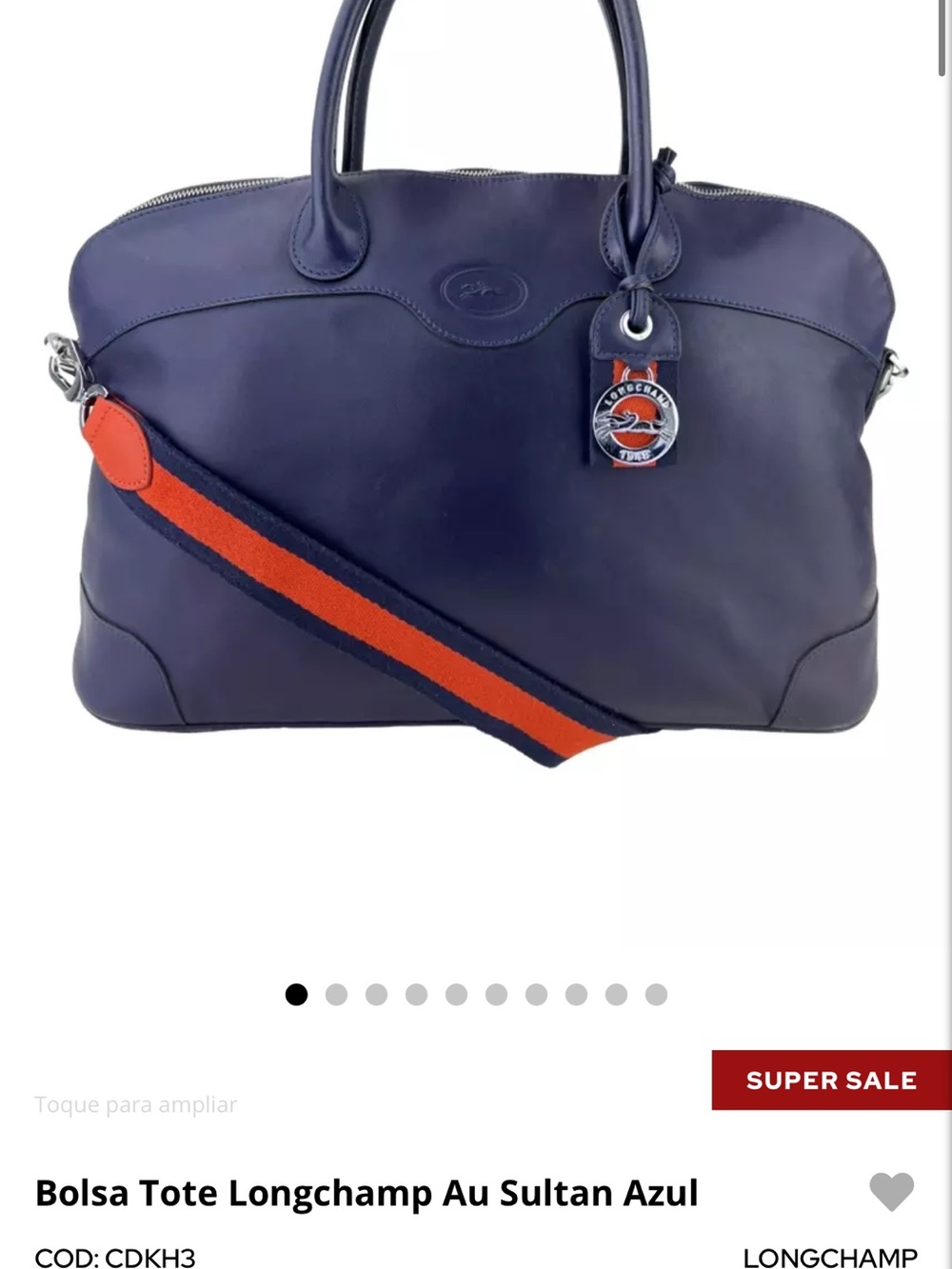 Longchamp Navy Leather Tote with Orange-Navy Webbing Strap